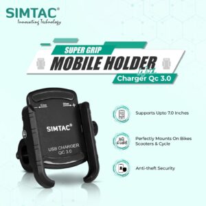 SIMTAC Super Grip Mobile Holder with charger ( QC 3.0) Bikes/ Scooters| MHC3