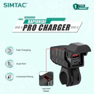 SIMTAC RAPIDRIDE PRO: 51W Dual-Port USB-A & Type-C Charger with VOLT METER for Universal Fitment