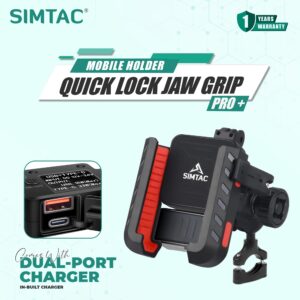 SIMTAC Quick Lock Jaw Grip Pro+ Mobile Holder with Dual-Port Charger & Vibration Damper (JQLC2-PRO)
