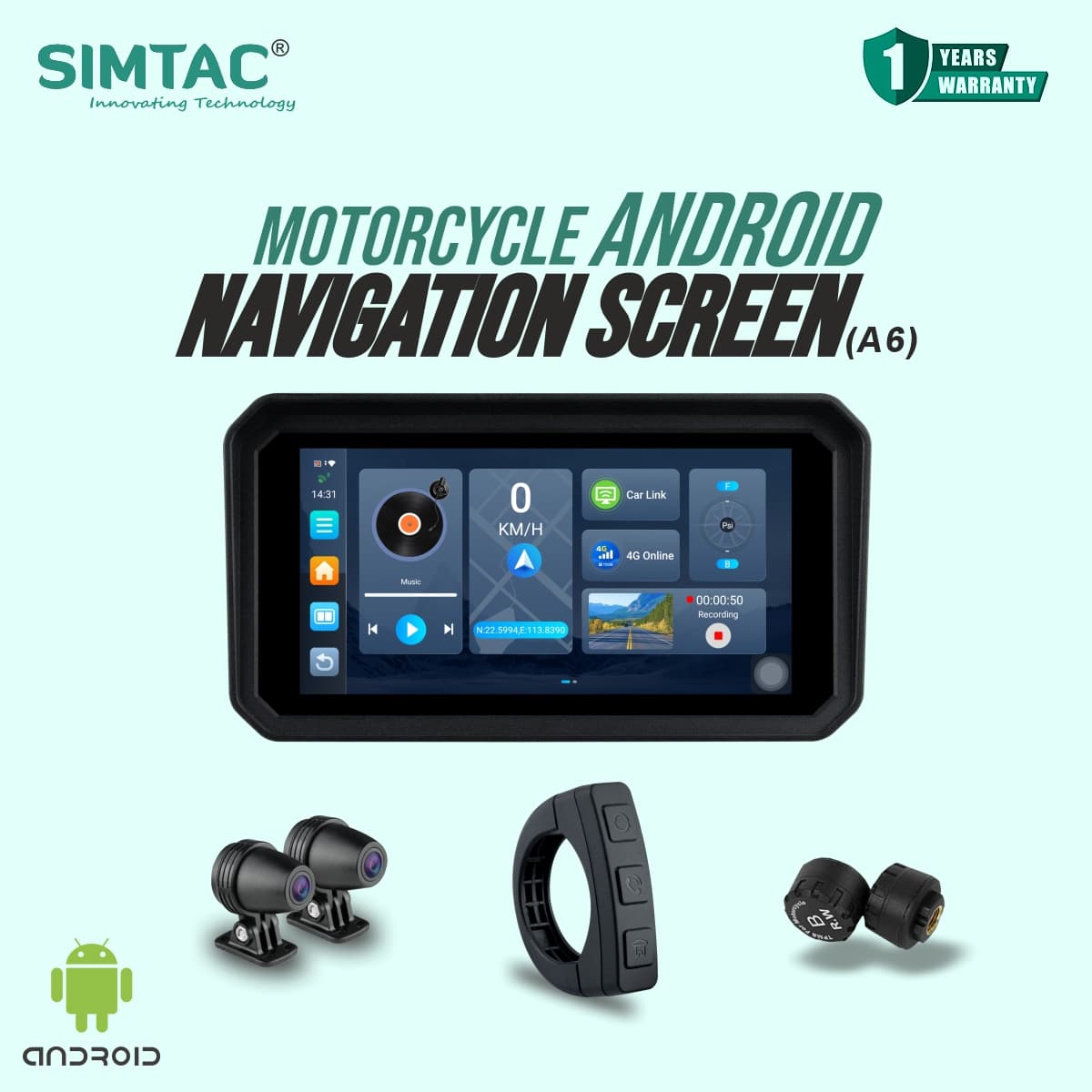Simtac Motorcycle Android Navigation Screen | Smart Navigation Display for Bikes – A6